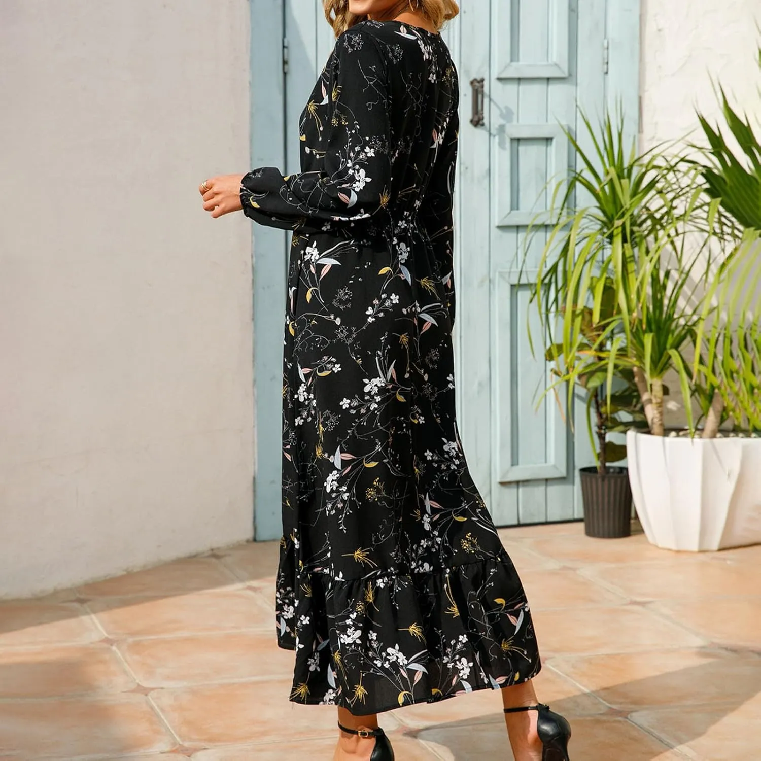 Fall Dresses for Women 2024 Trendy Floral Dress Casual Crewneck Long Sleeve High Waisted Ruffle Flowy Long Maxi Dress