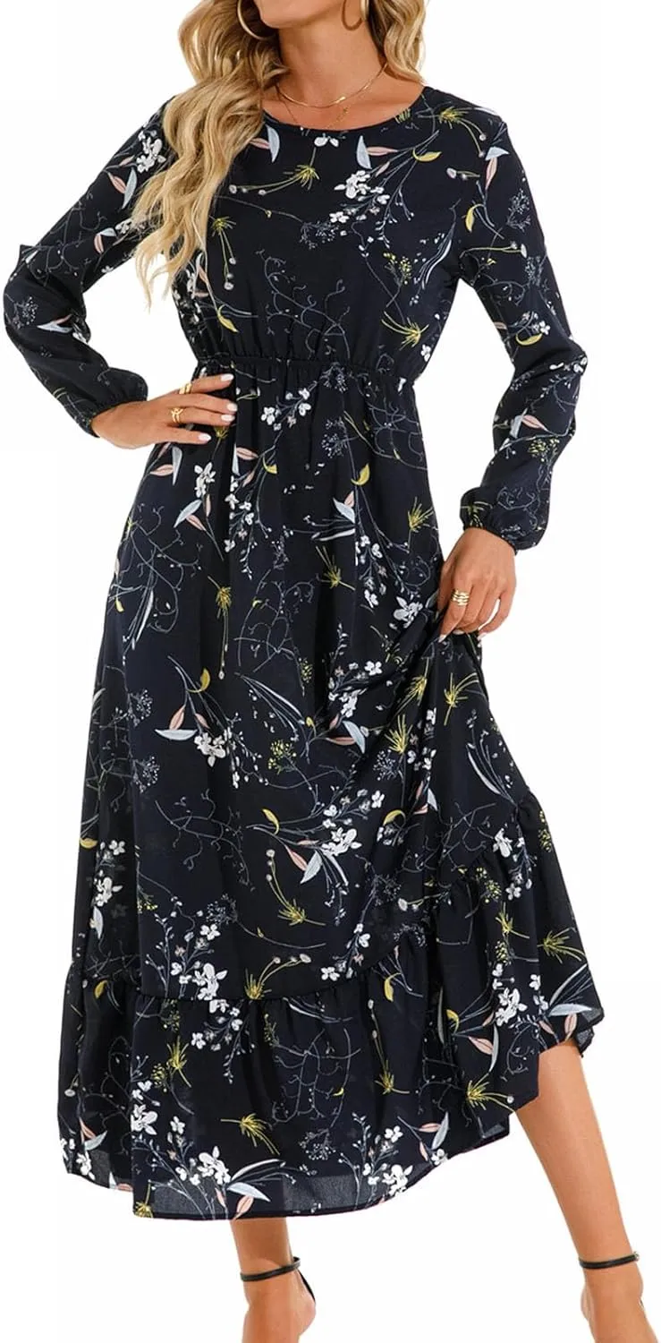Fall Dresses for Women 2024 Trendy Floral Dress Casual Crewneck Long Sleeve High Waisted Ruffle Flowy Long Maxi Dress
