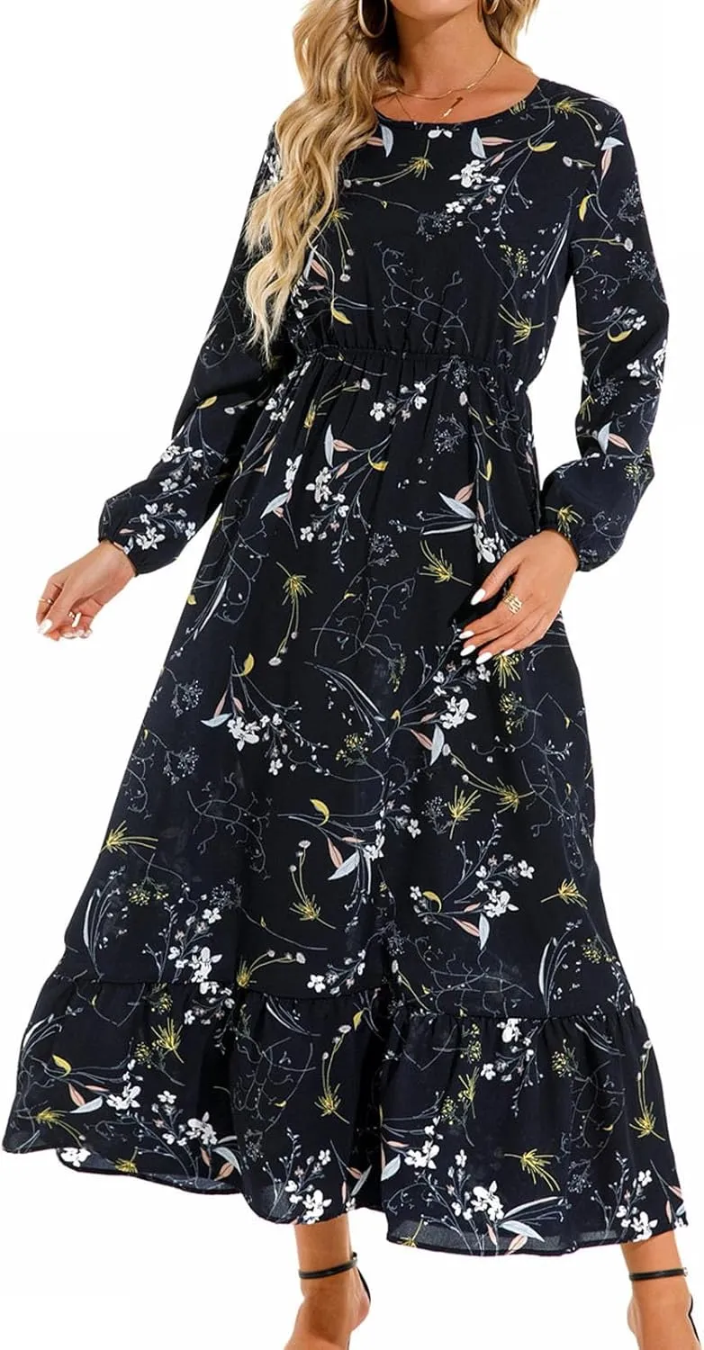 Fall Dresses for Women 2024 Trendy Floral Dress Casual Crewneck Long Sleeve High Waisted Ruffle Flowy Long Maxi Dress