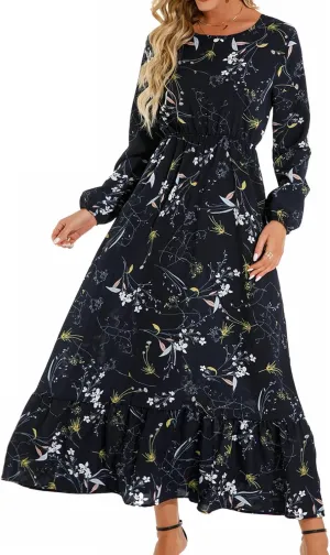 Fall Dresses for Women 2024 Trendy Floral Dress Casual Crewneck Long Sleeve High Waisted Ruffle Flowy Long Maxi Dress