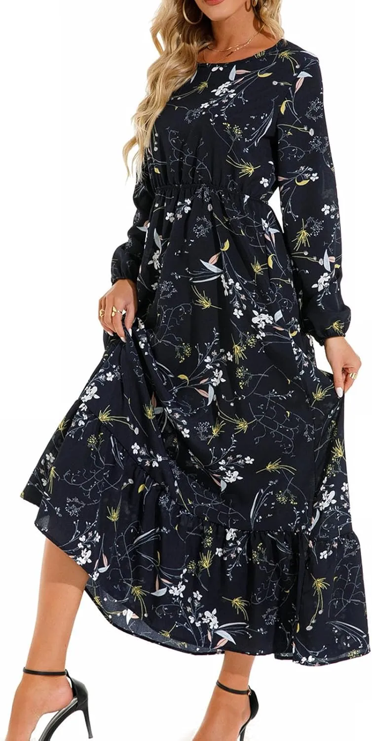 Fall Dresses for Women 2024 Trendy Floral Dress Casual Crewneck Long Sleeve High Waisted Ruffle Flowy Long Maxi Dress