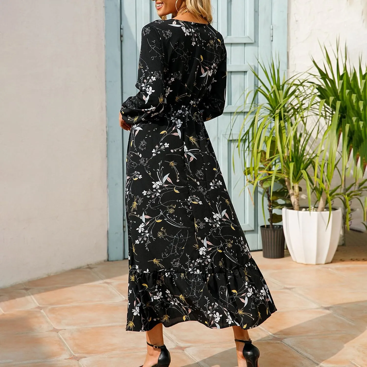 Fall Dresses for Women 2024 Trendy Floral Dress Casual Crewneck Long Sleeve High Waisted Ruffle Flowy Long Maxi Dress