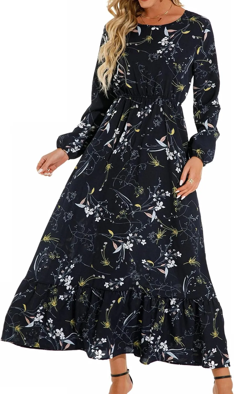 Fall Dresses for Women 2024 Trendy Floral Dress Casual Crewneck Long Sleeve High Waisted Ruffle Flowy Long Maxi Dress