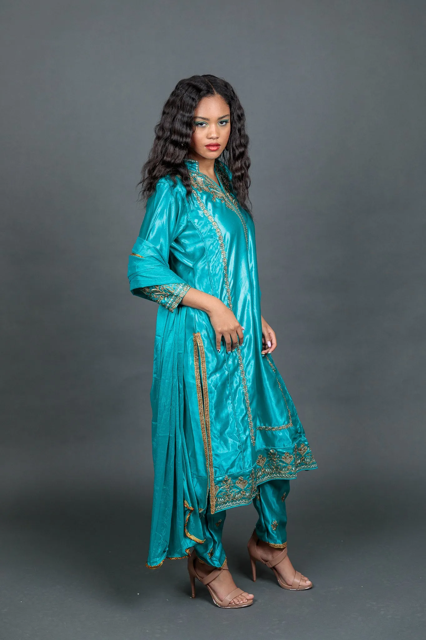 Fancy Embroidered Turquoise With Embroidered Churidaar Pants Suit