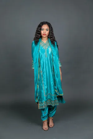 Fancy Embroidered Turquoise With Embroidered Churidaar Pants Suit