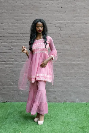 Fancy Georgette  Embroidered Rose Pink With Ruffle Sharaara Pants Suit