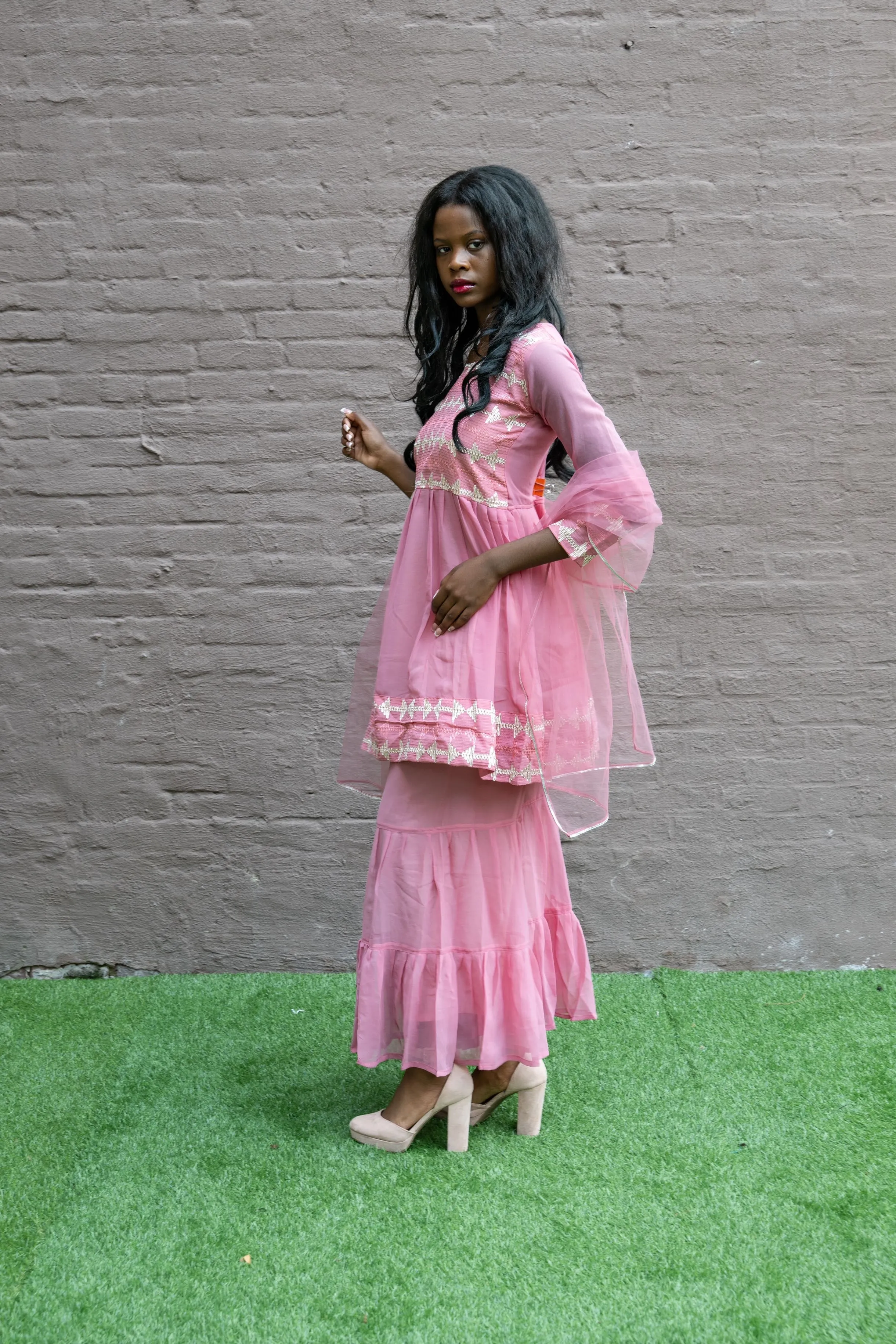 Fancy Georgette  Embroidered Rose Pink With Ruffle Sharaara Pants Suit