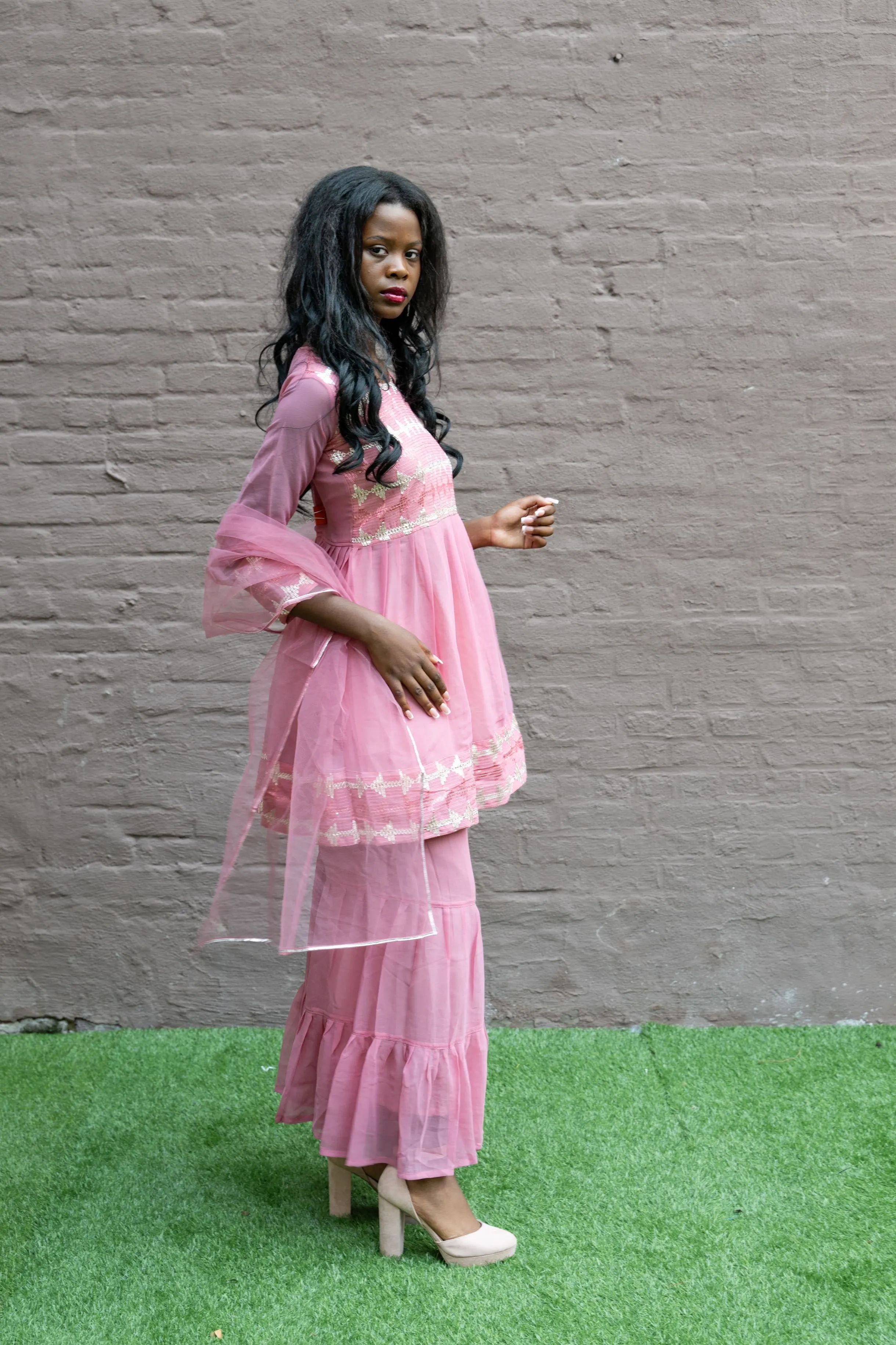 Fancy Georgette  Embroidered Rose Pink With Ruffle Sharaara Pants Suit