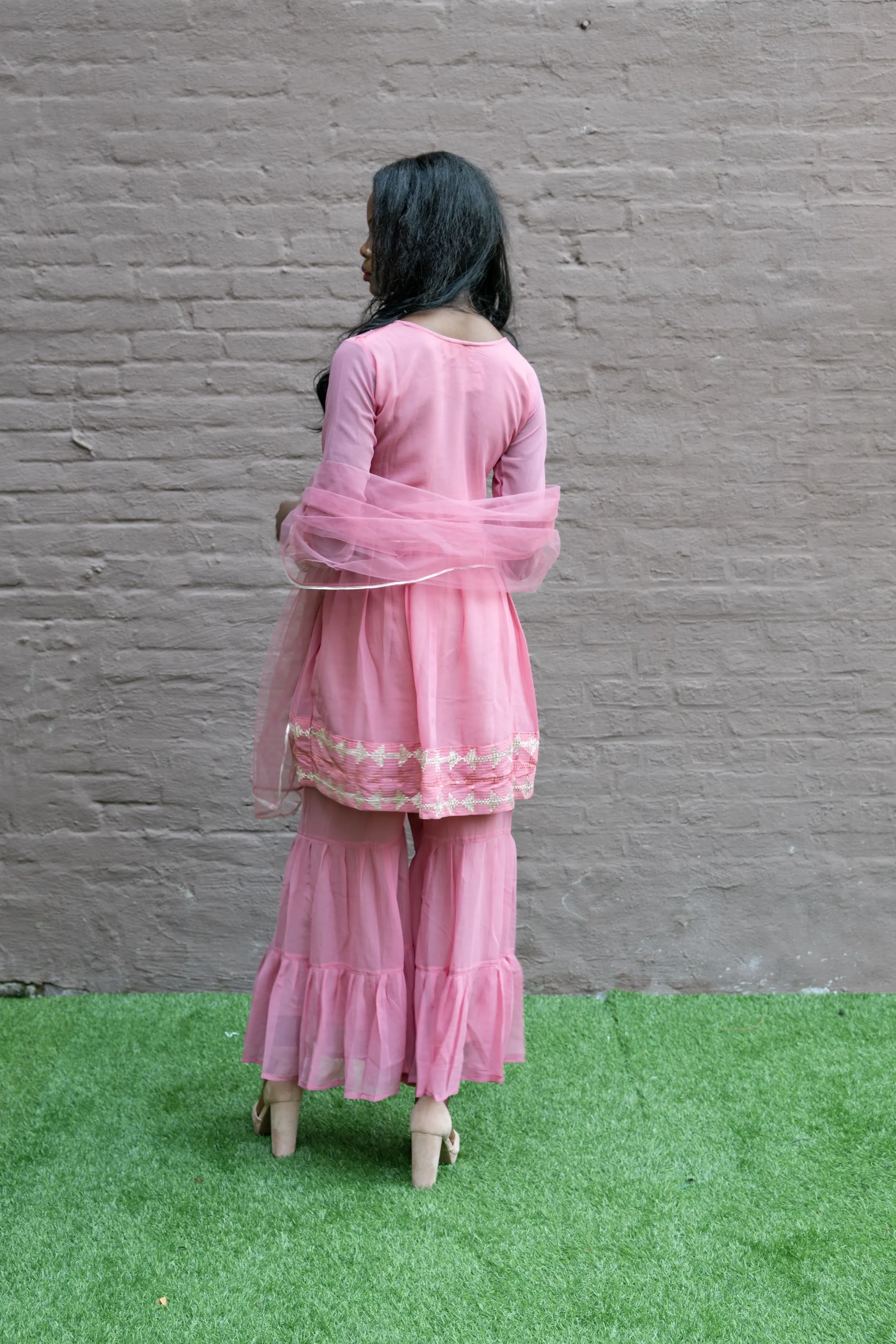 Fancy Georgette  Embroidered Rose Pink With Ruffle Sharaara Pants Suit