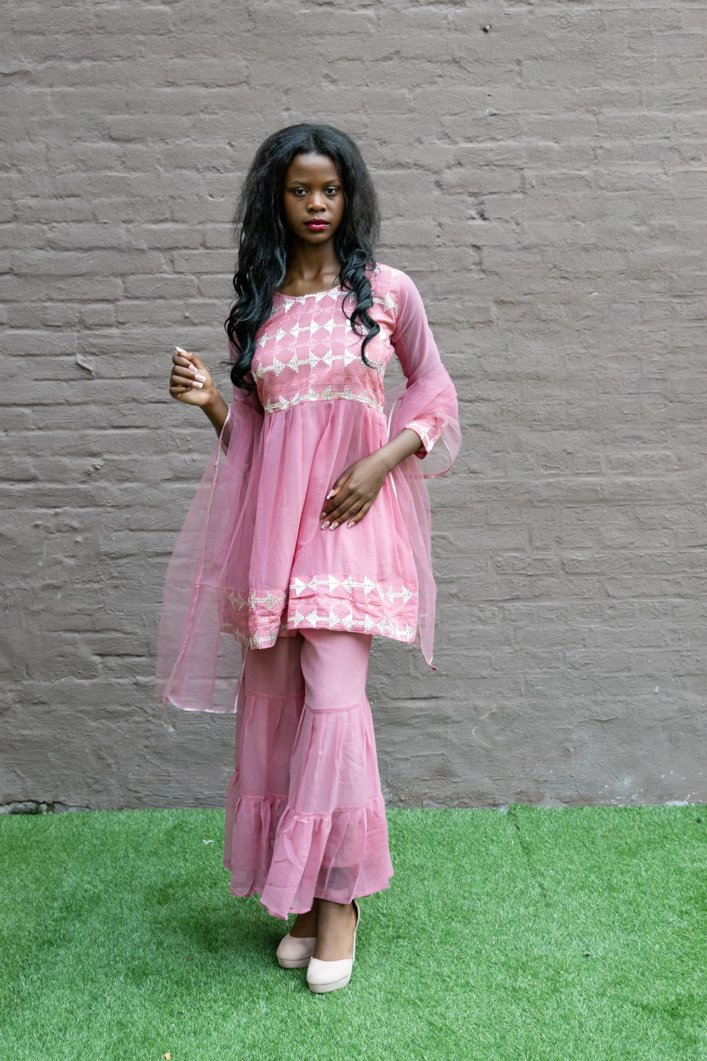 Fancy Georgette  Embroidered Rose Pink With Ruffle Sharaara Pants Suit