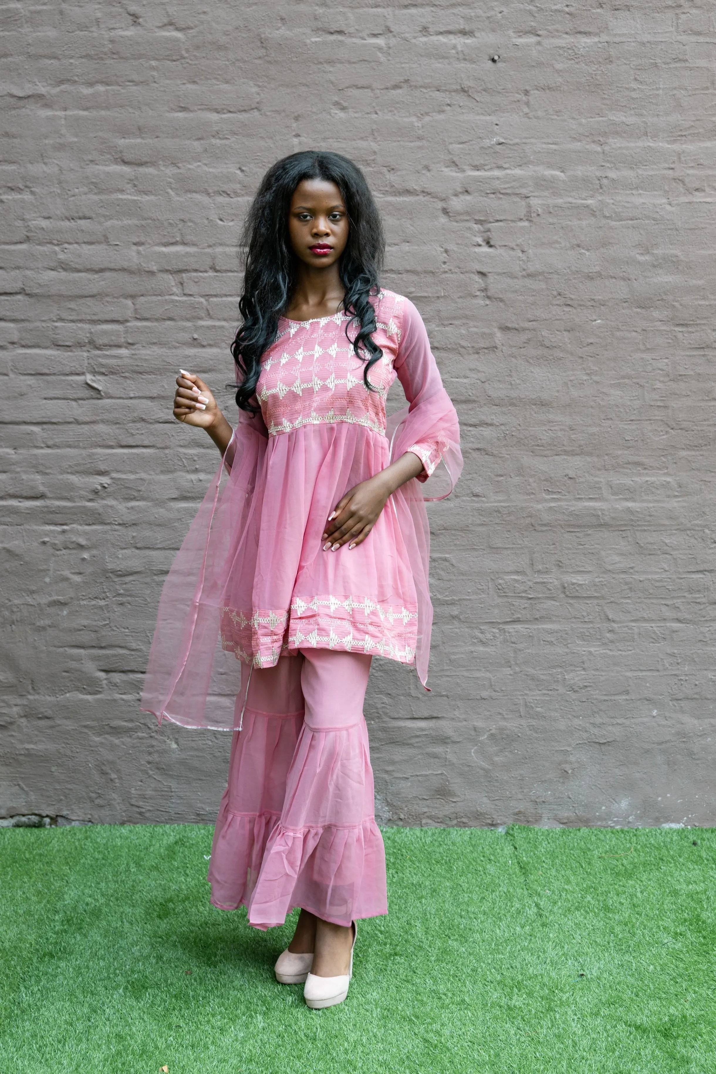 Fancy Georgette  Embroidered Rose Pink With Ruffle Sharaara Pants Suit