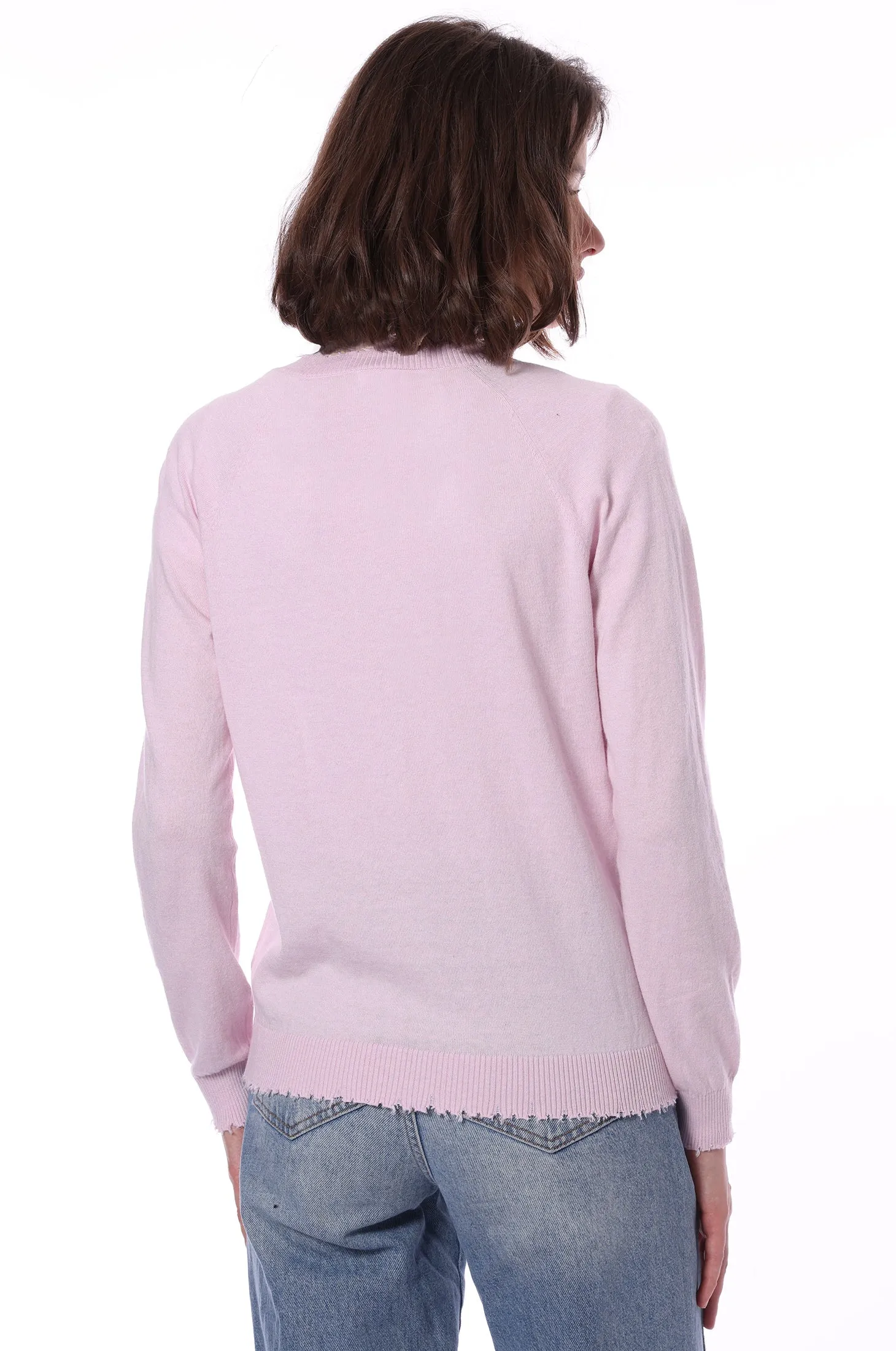 Fine Cotton Cashmere Distressed LS V Neck