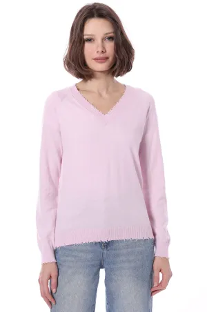 Fine Cotton Cashmere Distressed LS V Neck