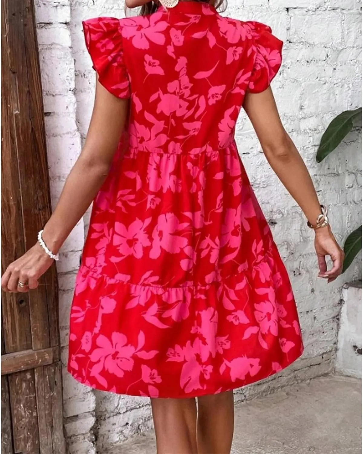 Floral Dresses for Women 2024 V Neck Ruffle Cap Sleeve Dress Trendy Babydoll Dress Smocked Short Dresses