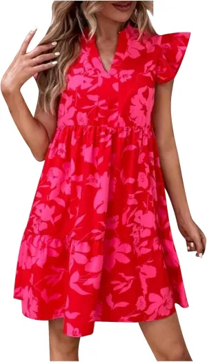 Floral Dresses for Women 2024 V Neck Ruffle Cap Sleeve Dress Trendy Babydoll Dress Smocked Short Dresses