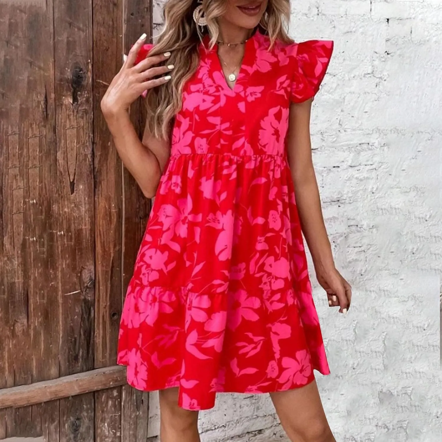 Floral Dresses for Women 2024 V Neck Ruffle Cap Sleeve Dress Trendy Babydoll Dress Smocked Short Dresses