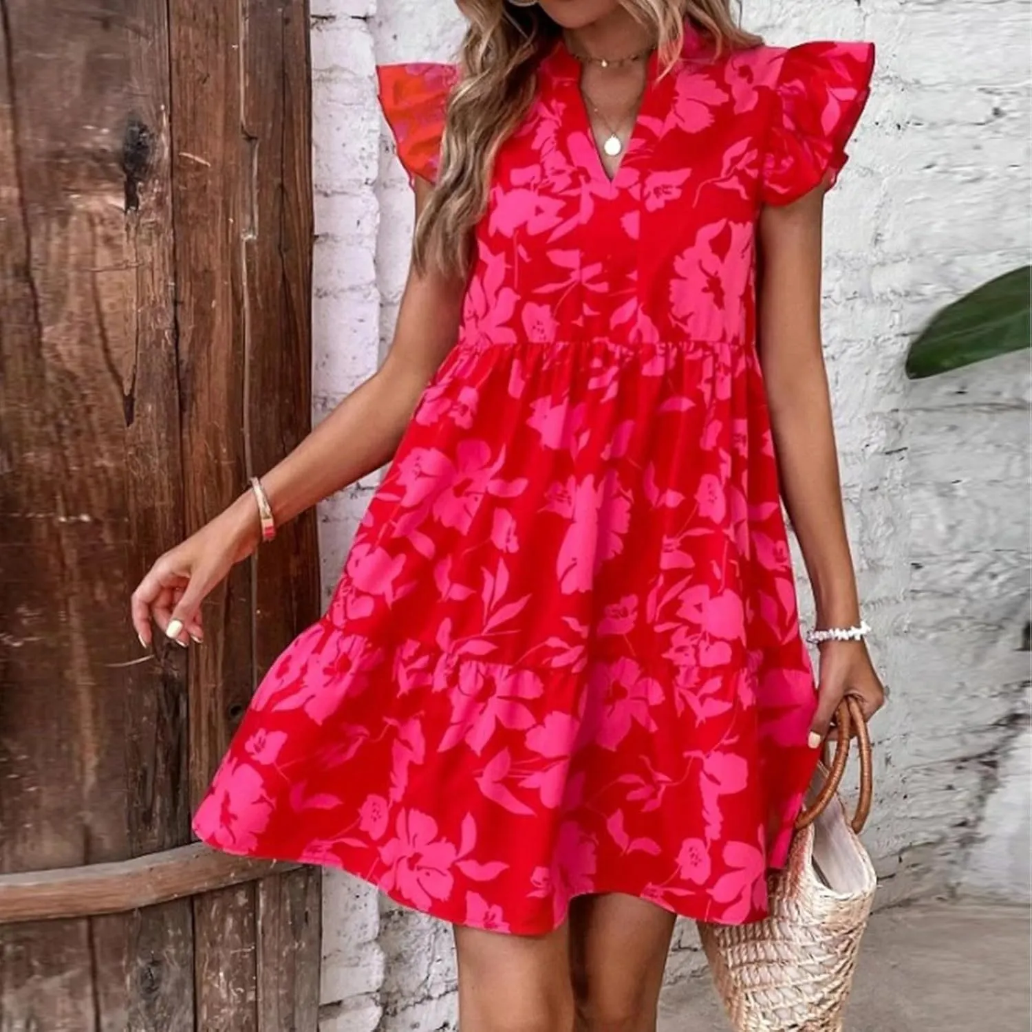 Floral Dresses for Women 2024 V Neck Ruffle Cap Sleeve Dress Trendy Babydoll Dress Smocked Short Dresses