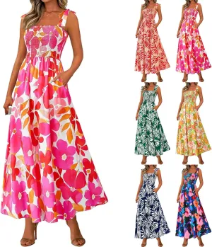 Floral Maxi Dress Summer Boho Beach Vacation Tie Strap Smocked Empire Waist Long Fit and Flare Dress with Pockets