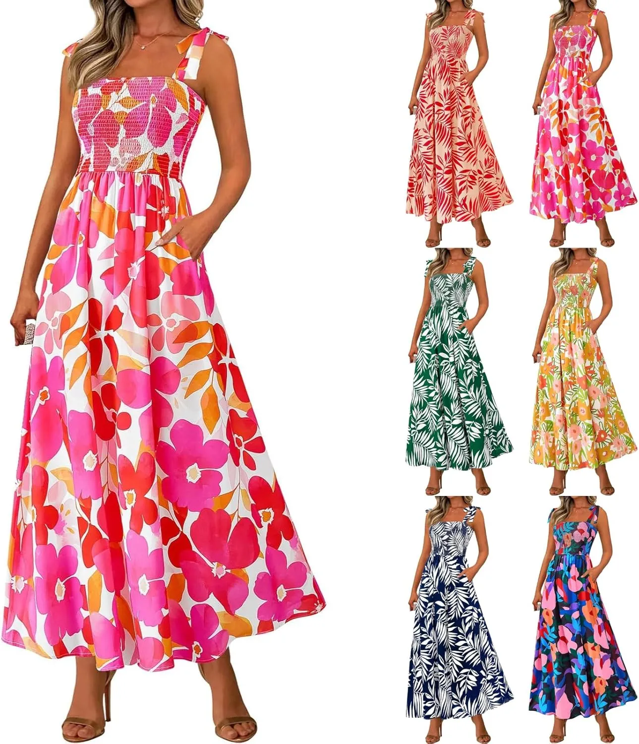 Floral Maxi Dress Summer Boho Beach Vacation Tie Strap Smocked Empire Waist Long Fit and Flare Dress with Pockets