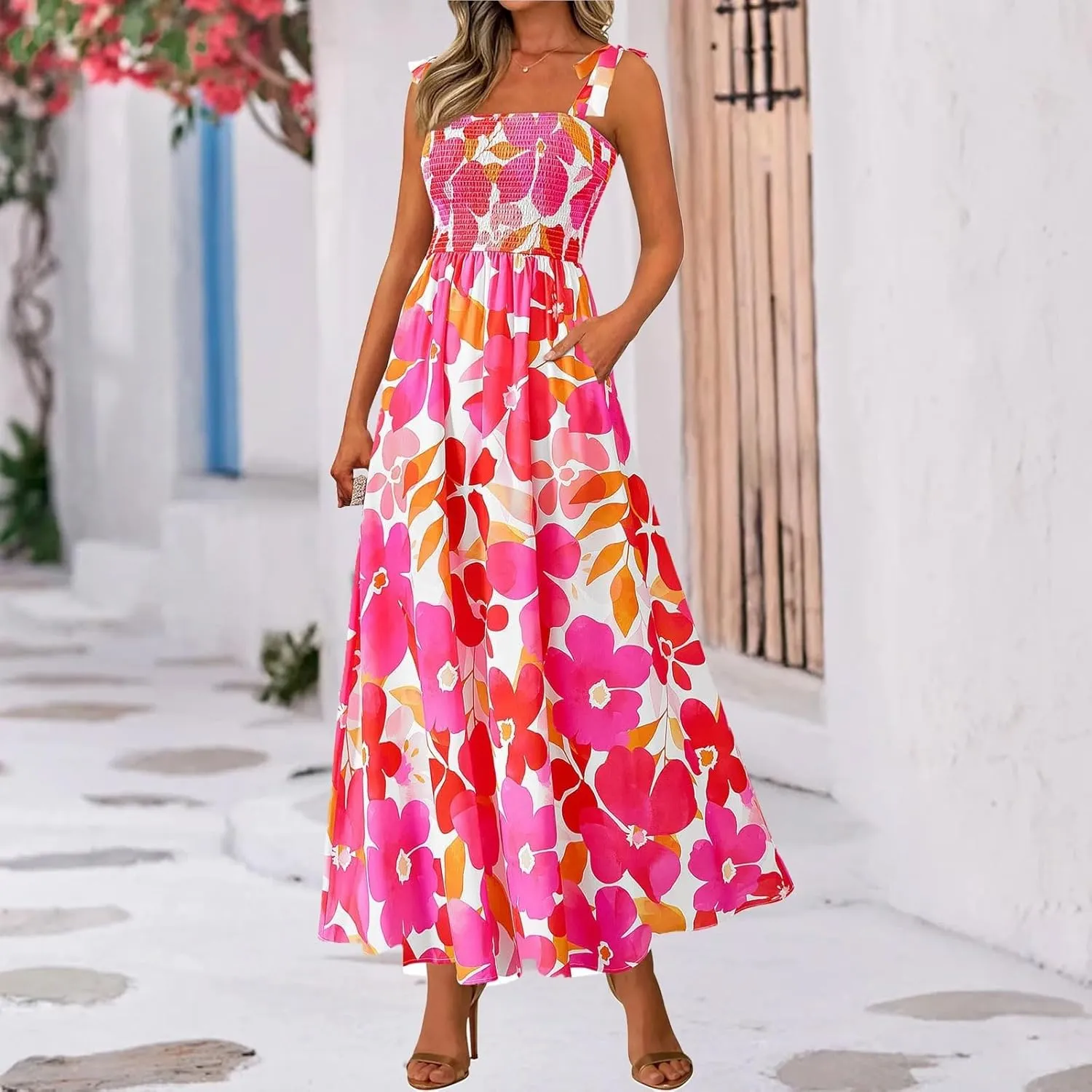 Floral Maxi Dress Summer Boho Beach Vacation Tie Strap Smocked Empire Waist Long Fit and Flare Dress with Pockets
