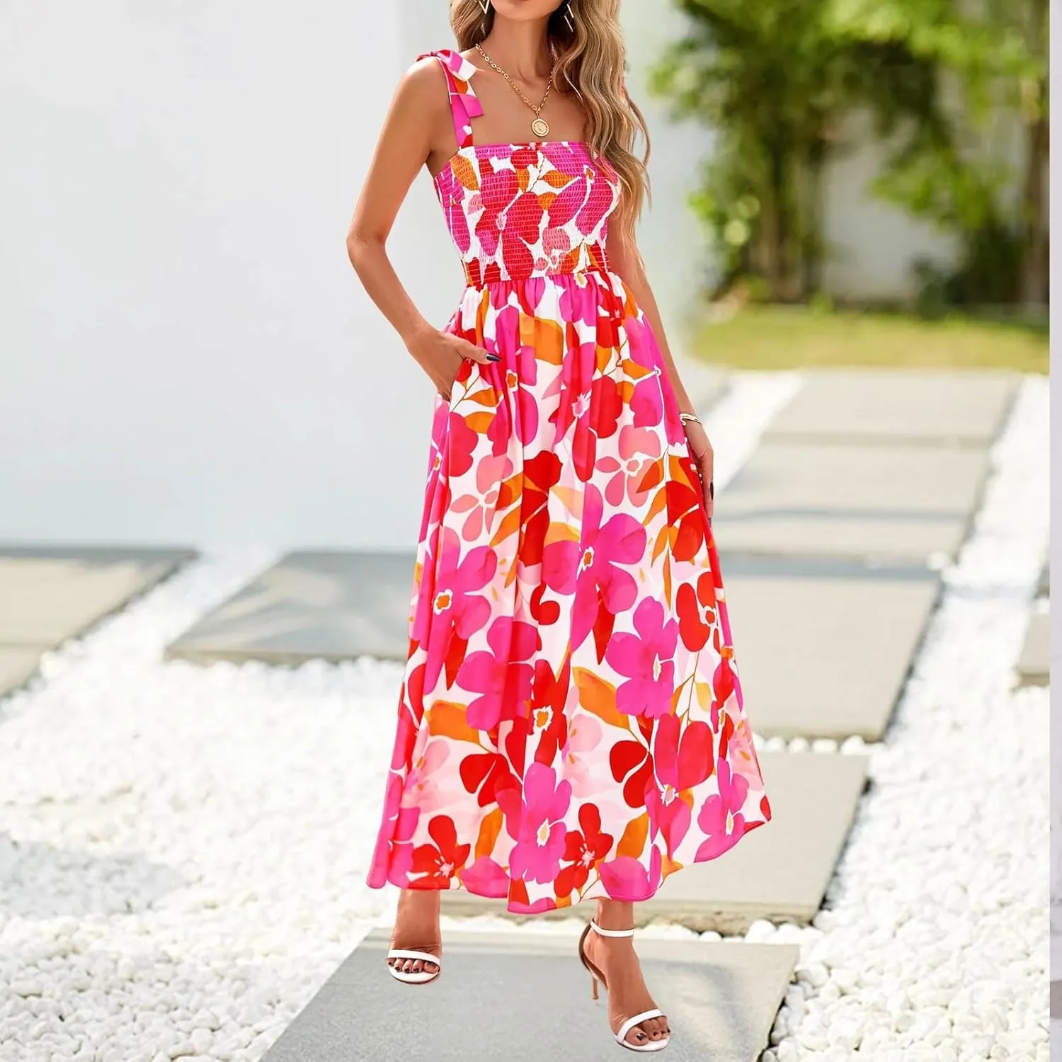 Floral Maxi Dress Summer Boho Beach Vacation Tie Strap Smocked Empire Waist Long Fit and Flare Dress with Pockets