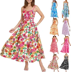 Floral Maxi Dress Summer Wedding Guest Empire Waist Tie Front Fit and Flare Dress Elegant Spaghetti Strap Long Dresses