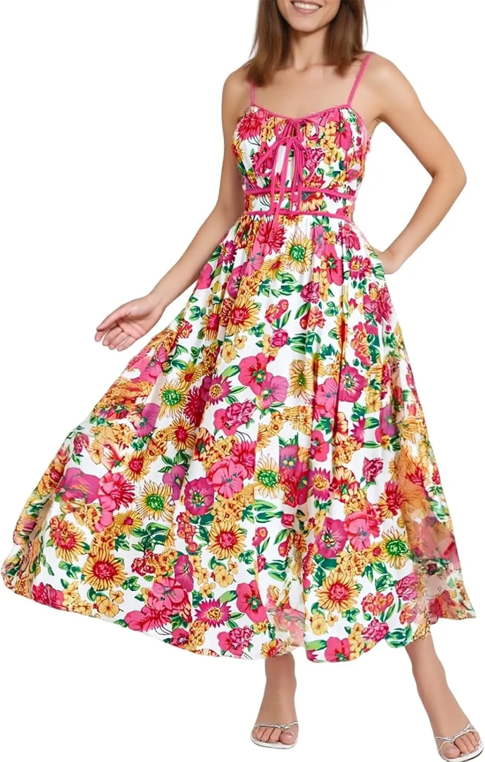 Floral Maxi Dress Summer Wedding Guest Empire Waist Tie Front Fit and Flare Dress Elegant Spaghetti Strap Long Dresses