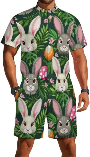 Funny Cartoon Rabbits Mens Short Sleeve Rompers Printed Slim Fit One Piece Jumpsuit with Pocket