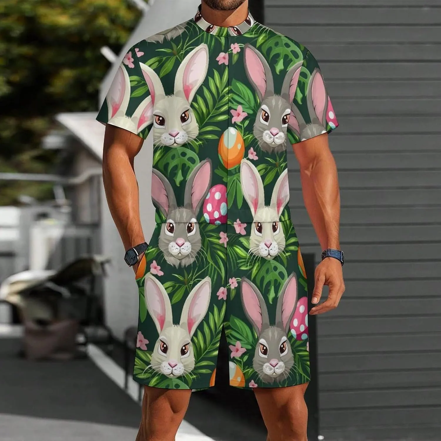 Funny Cartoon Rabbits Mens Short Sleeve Rompers Printed Slim Fit One Piece Jumpsuit with Pocket
