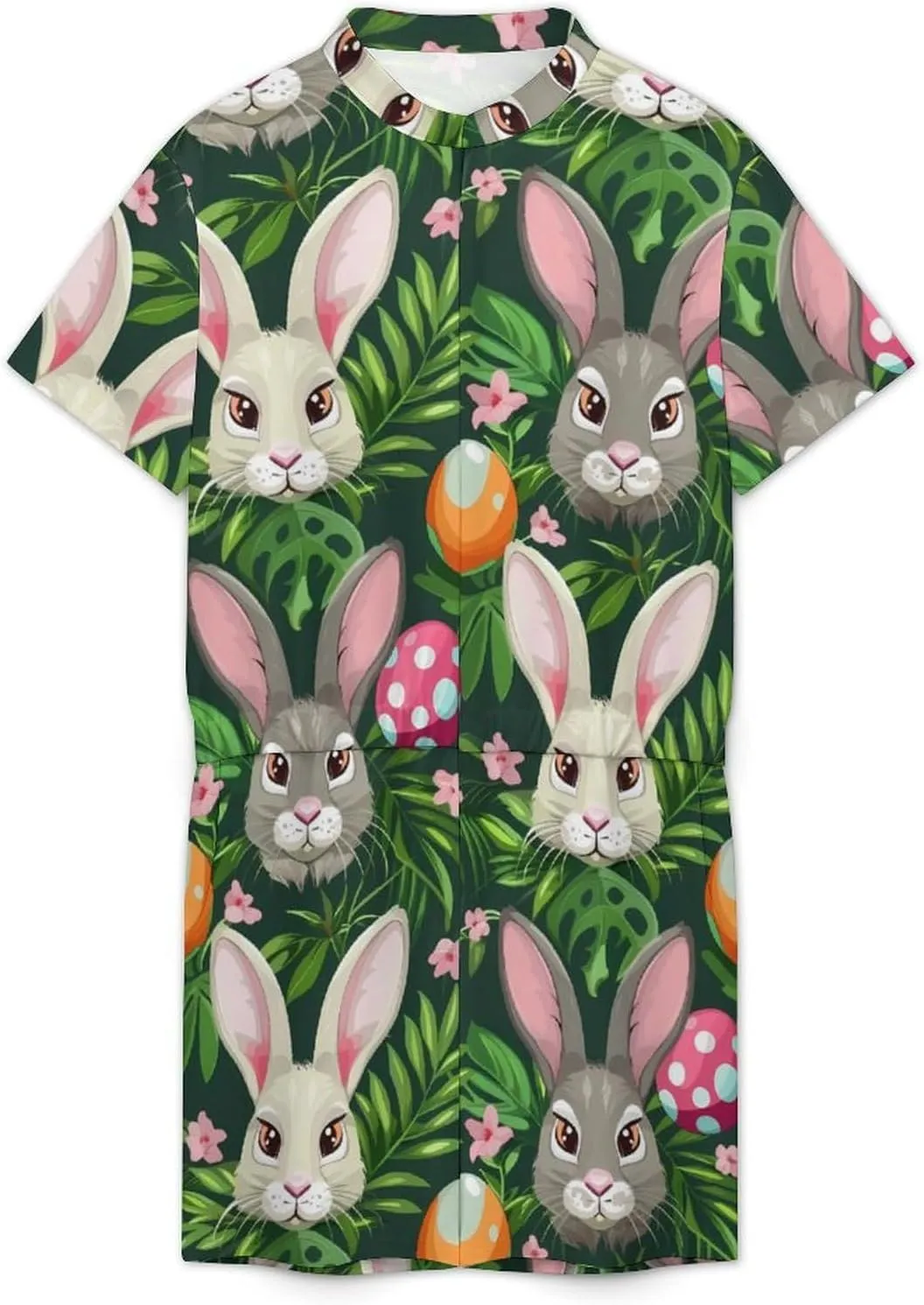 Funny Cartoon Rabbits Mens Short Sleeve Rompers Printed Slim Fit One Piece Jumpsuit with Pocket