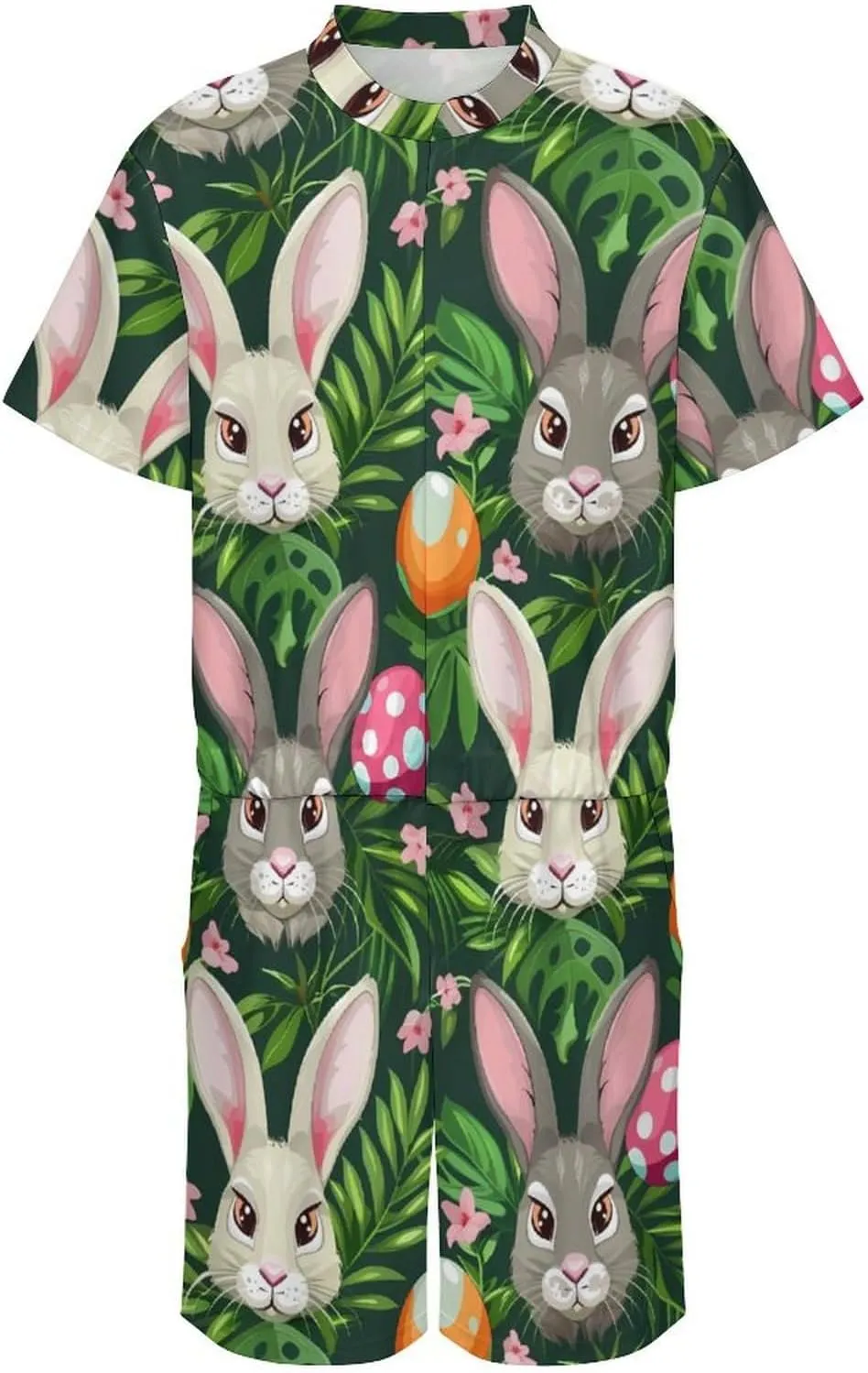Funny Cartoon Rabbits Mens Short Sleeve Rompers Printed Slim Fit One Piece Jumpsuit with Pocket