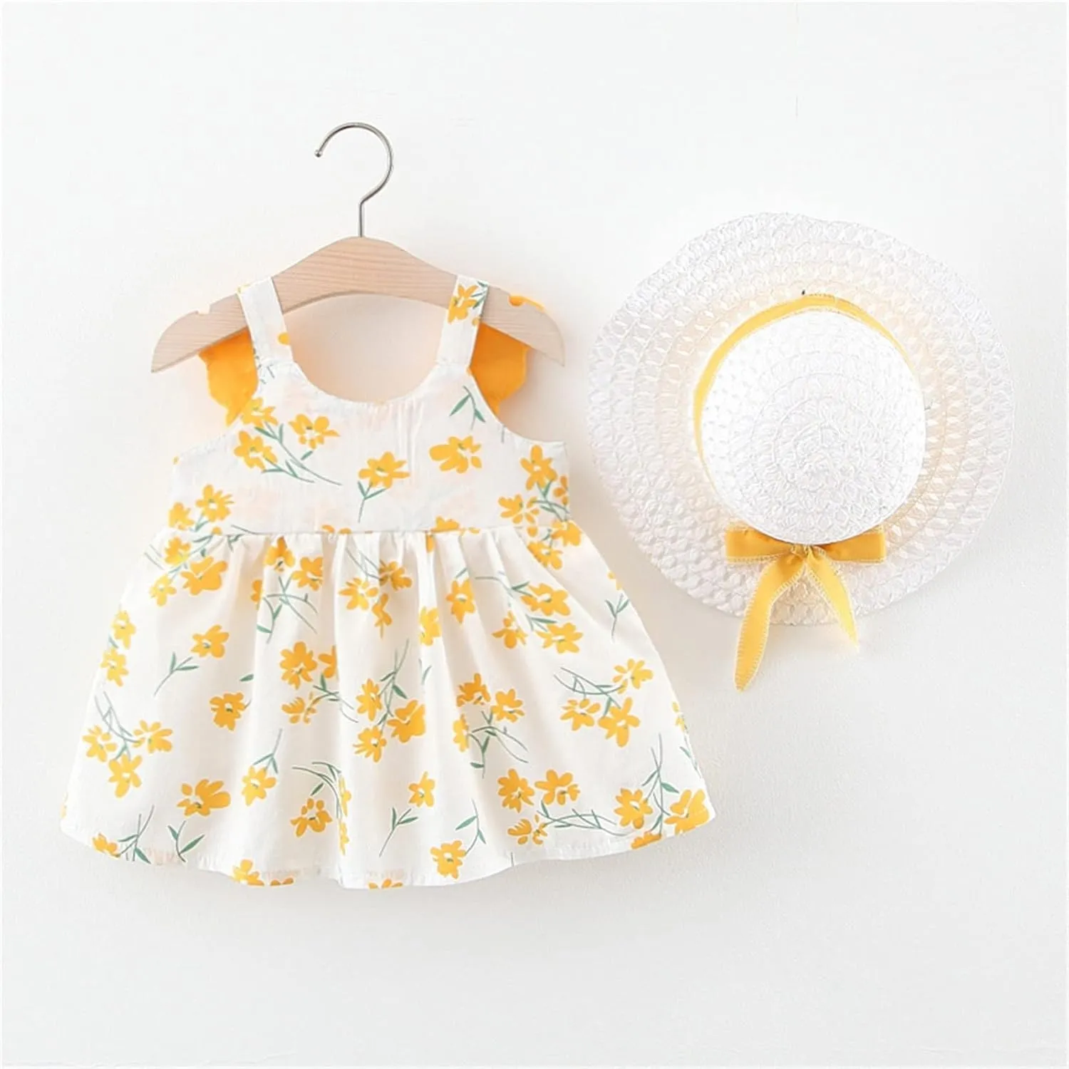 Girls Summer Dress Infant Floral Suspenders Dress Baby Princess Outfits Clothes Hat Girls Dress Kids for 1-4 Years
