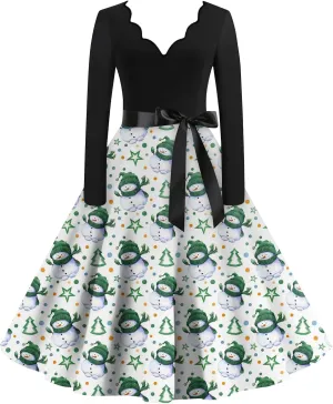 Halloween Dresses for Women Long Sleeve V Neck Vintage Print Costumes 1950s Fall Cocktail Dresses