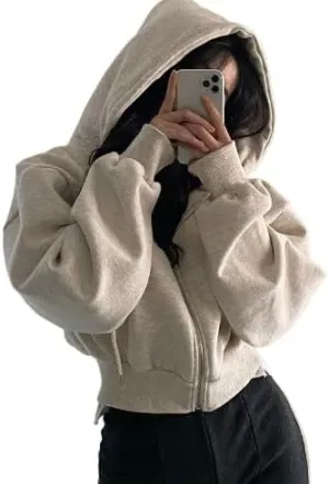 heyheyshine Women's Oversize Zip Up Hoodie Long Sleeve Cropped Cardigan Sweatshirt with Pocket Fall Outfits for Women 2024
