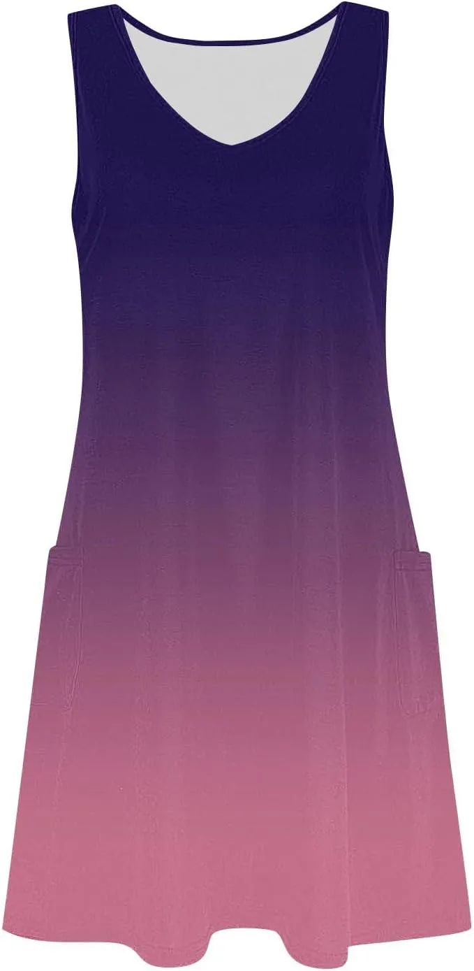 hlysgo Petite Dresses for Women Summer Trendy Gradient Print Sleeveless Beach Mini Sundress A-Line Flowy Going Out Dress