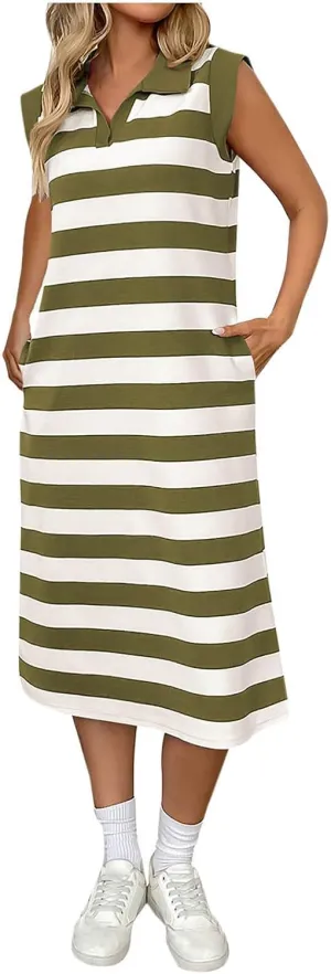 hlysgo Stripes Dresses for Women with Pockets 2025 Trendy Sleeveless V Neck Mini Dress Ladies Casual Going Out Sundress