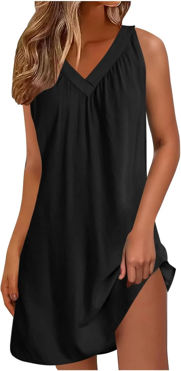 hlysgo Womens Dress 2025 Summer Casual Loose Fit Sleeveless V Neck Pajamas Dresses Solid Comfy Beach Vacation Mini Sundress