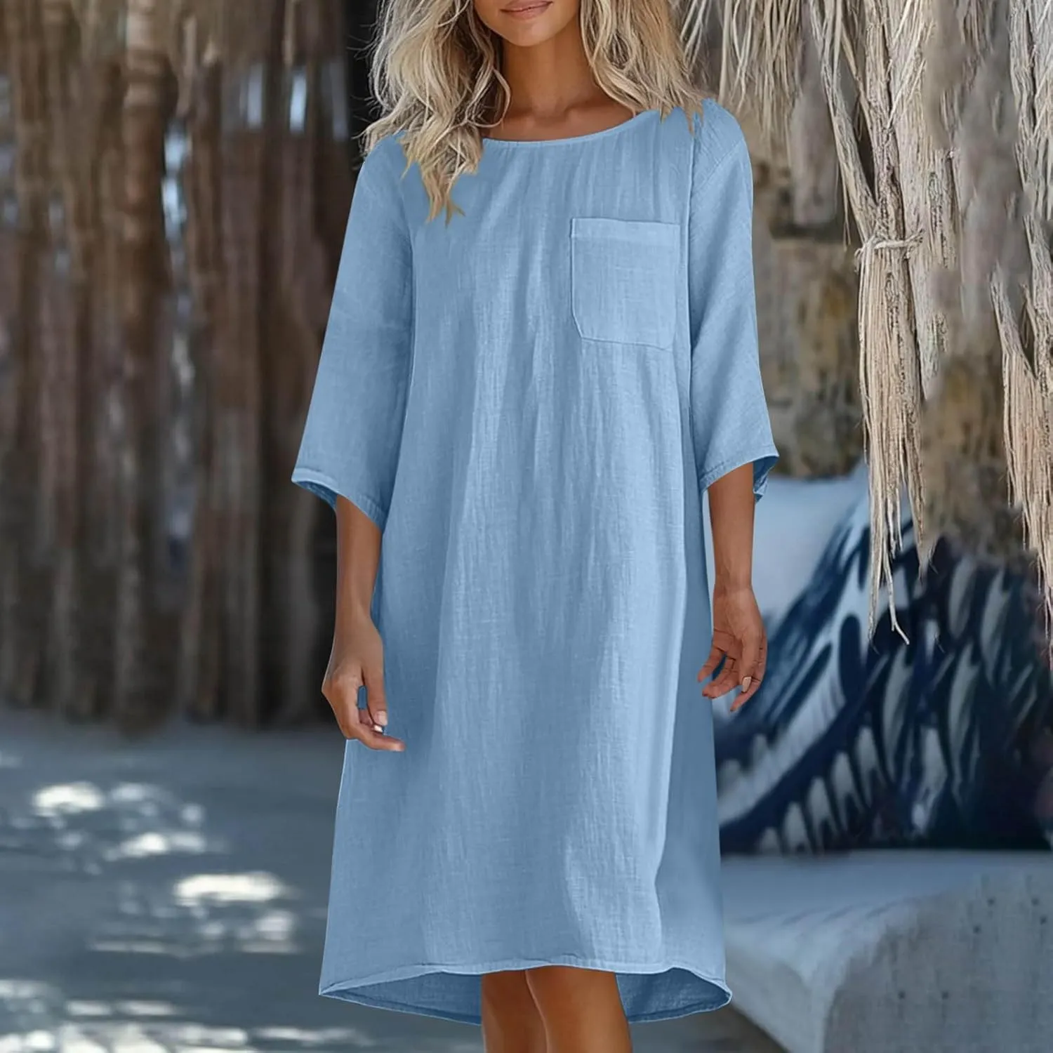 hlysgo Womens Vacation Dress 2025 Summer Casual 3/4 Sleeve Mini Dresses Loose Comfy Knee Length Beach Dress with Pockets