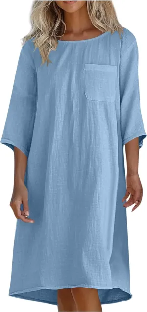 hlysgo Womens Vacation Dress 2025 Summer Casual 3/4 Sleeve Mini Dresses Loose Comfy Knee Length Beach Dress with Pockets