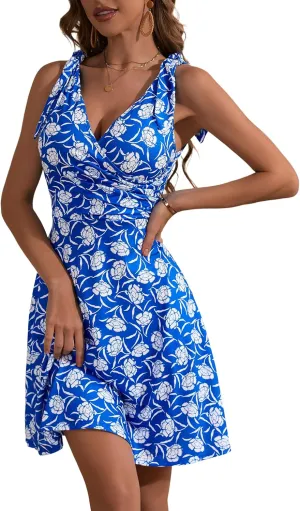 HUHOT Women's Summer Floral Sundress 2025 Sleeveless Tie Shoulder V Neck Flowy A-line Elastic Waist Ruffle Midi Dresses
