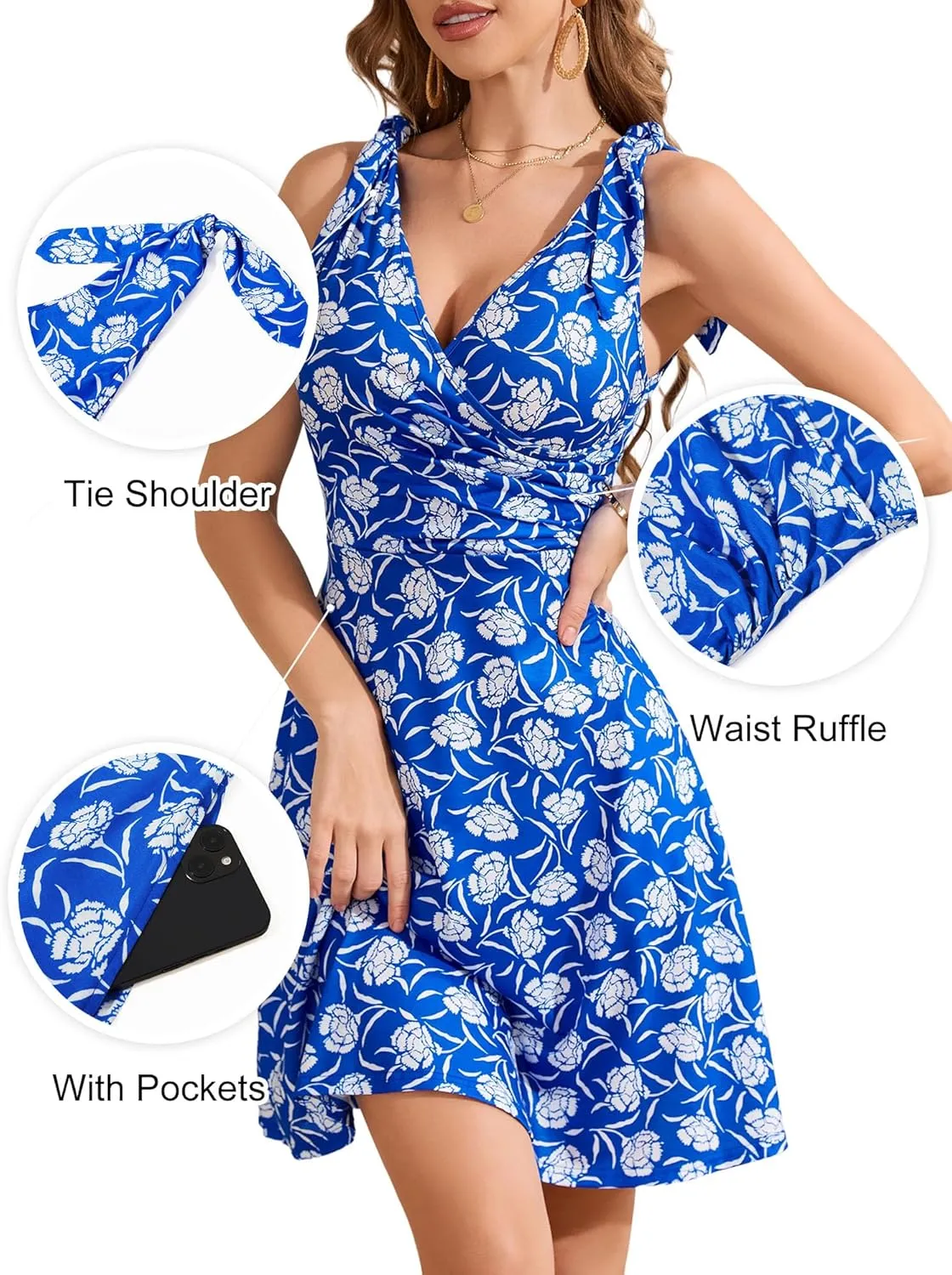 HUHOT Women's Summer Floral Sundress 2025 Sleeveless Tie Shoulder V Neck Flowy A-line Elastic Waist Ruffle Midi Dresses