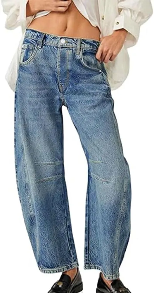 HUNGSON Women's Barrel Jeans Wide Leg Mid Rise Loose Y2k Baggy Boyfriend Jeans(Runs Small, Order Two Size Up