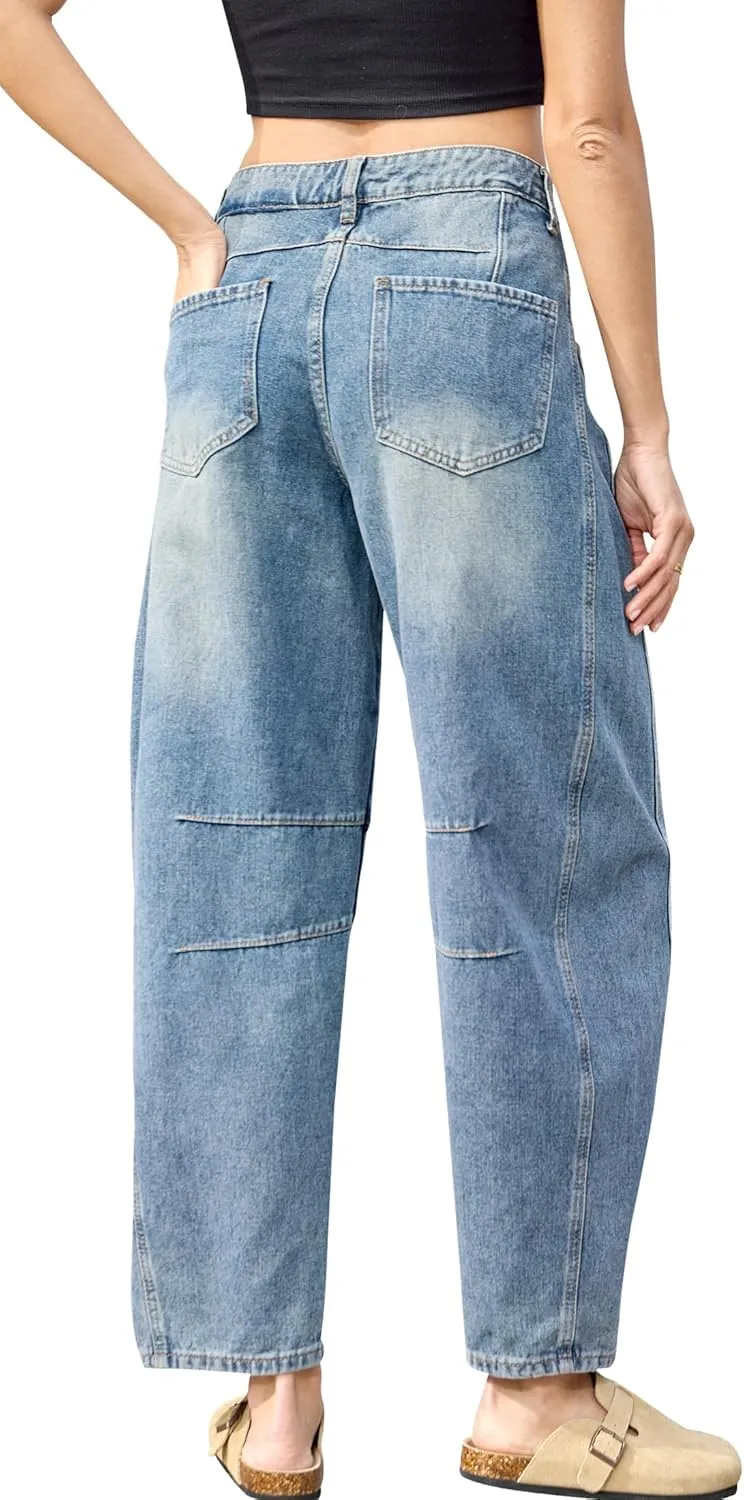HUNGSON Women's Barrel Jeans Wide Leg Mid Rise Loose Y2k Baggy Boyfriend Jeans(Runs Small, Order Two Size Up