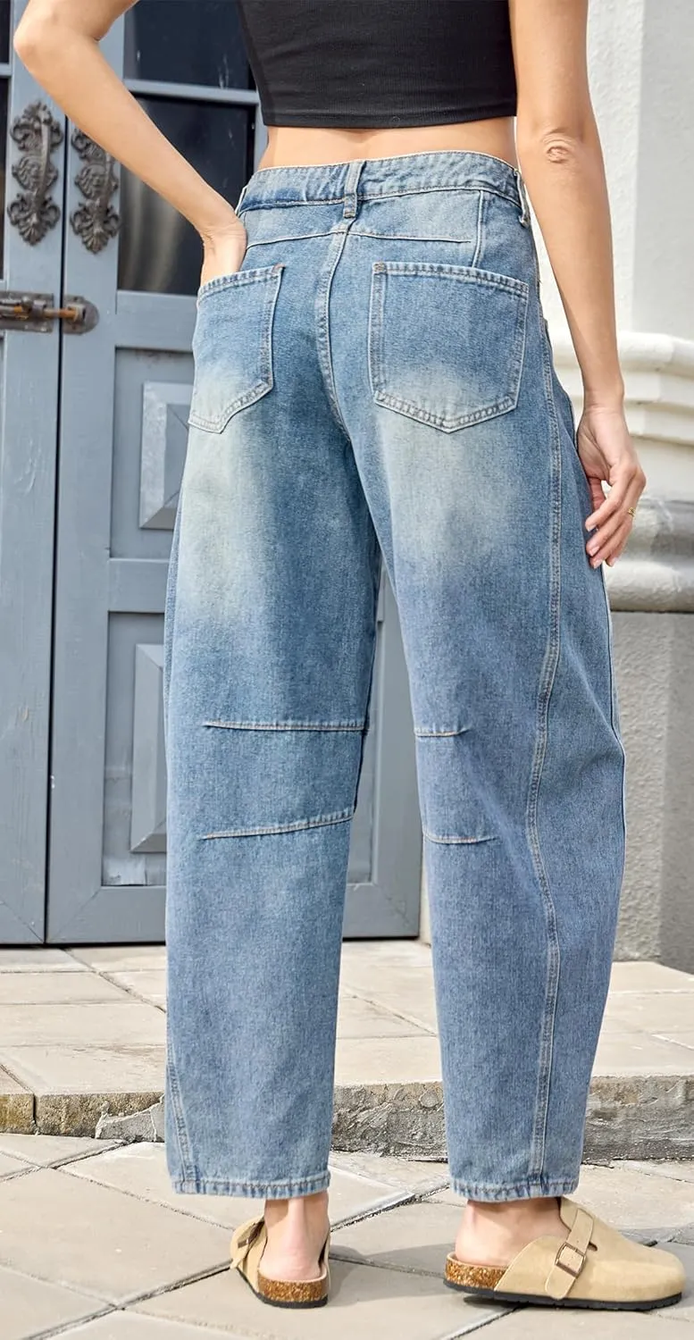HUNGSON Women's Barrel Jeans Wide Leg Mid Rise Loose Y2k Baggy Boyfriend Jeans(Runs Small, Order Two Size Up