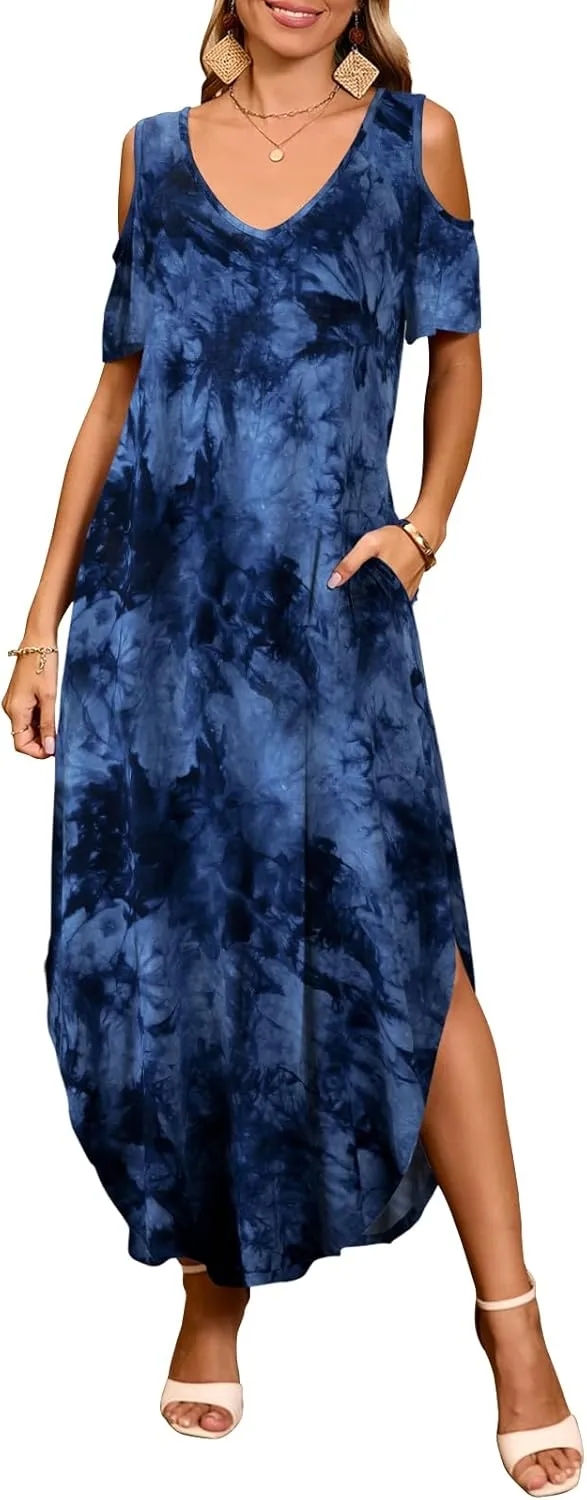 JollieLovin Womens Plus Size Casual Summer Maxi Long Dress Cold Shoulder V Neck Beach Sundresses