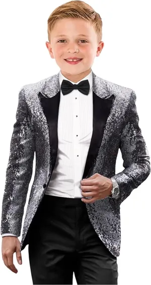 Kids Tuxedo Suits for Boys Sequin Slim Fit Dress Clothes Formal 2 Piece Prom Party Shiny Tuxedo Blazer Pants Bowtie