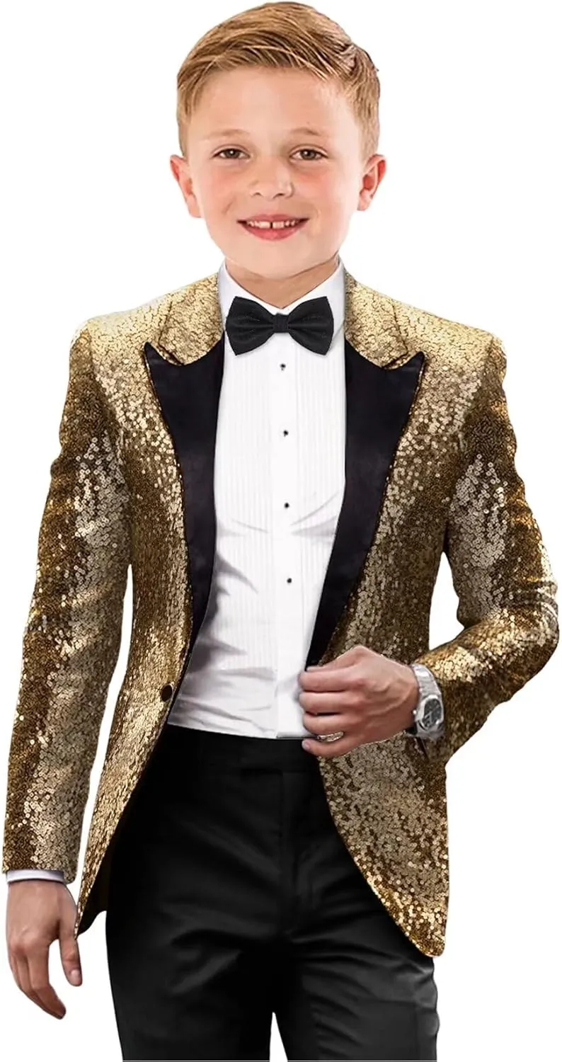 Kids Tuxedo Suits for Boys Sequin Slim Fit Dress Clothes Formal 2 Piece Prom Party Shiny Tuxedo Blazer Pants Bowtie