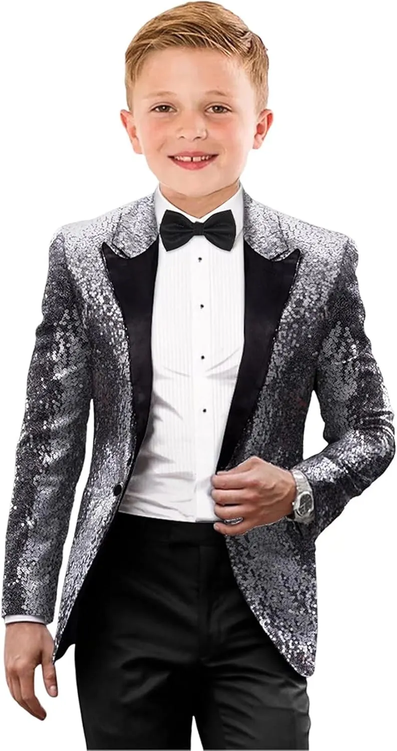 Kids Tuxedo Suits for Boys Sequin Slim Fit Dress Clothes Formal 2 Piece Prom Party Shiny Tuxedo Blazer Pants Bowtie