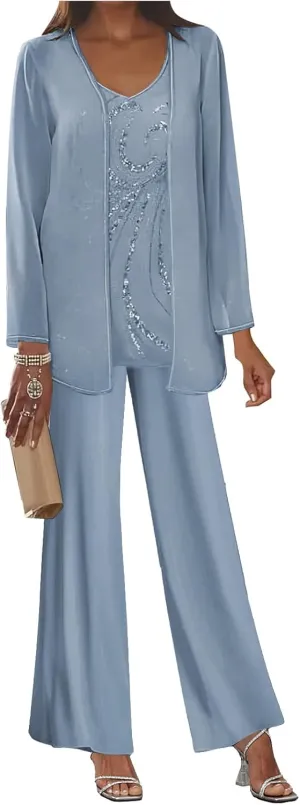 Lace Applique Mother of The Bride Sets Dusty Blue V Neck Chiffon 3 Pieces Wedding Guest Pants Outfit for Women US8
