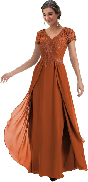 Lace Mother of The Bride Dresses for Wedding Chiffon Long Mother of The Groom Dresses with Short Sleeves